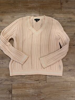 Lauren Ralph Lauren Soft Pink Openwork Cable V-Neck Sweater XL